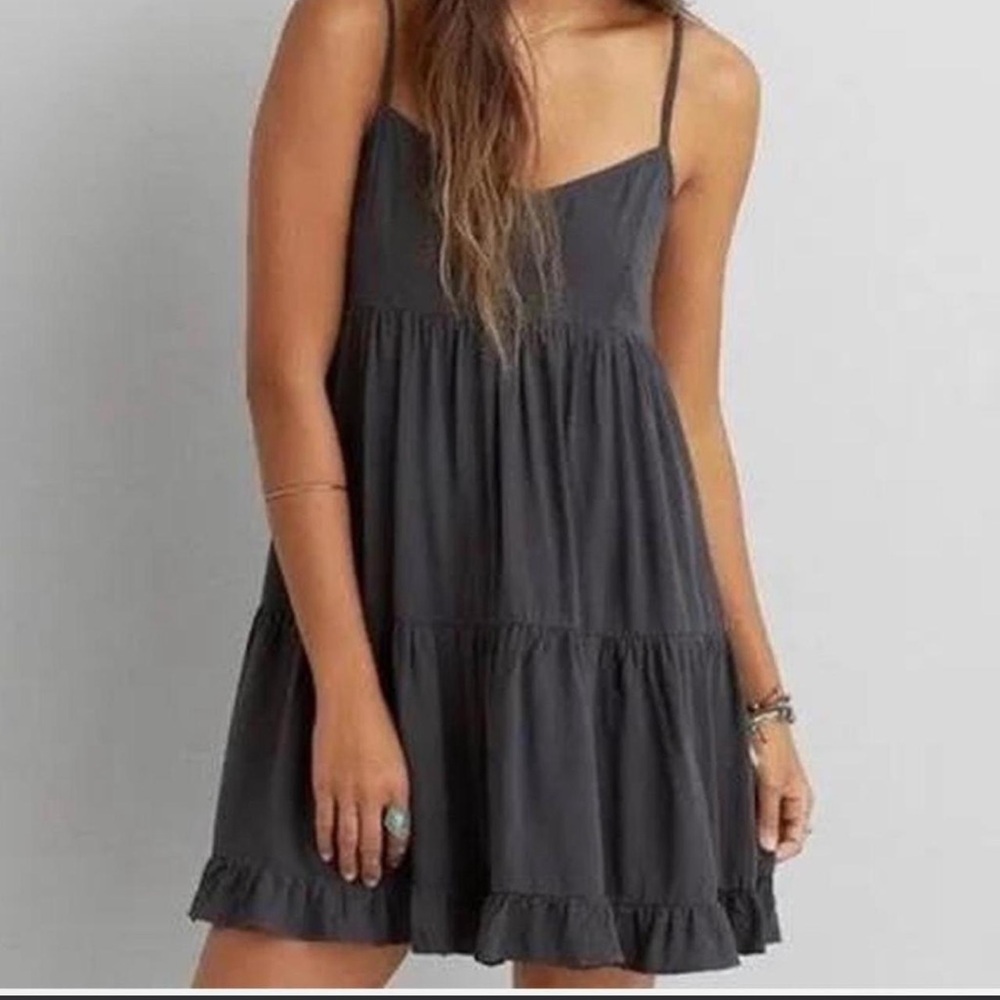 American Eagle Outfitters Charcoal Tiered Spaghetti-Strap Mini Dress